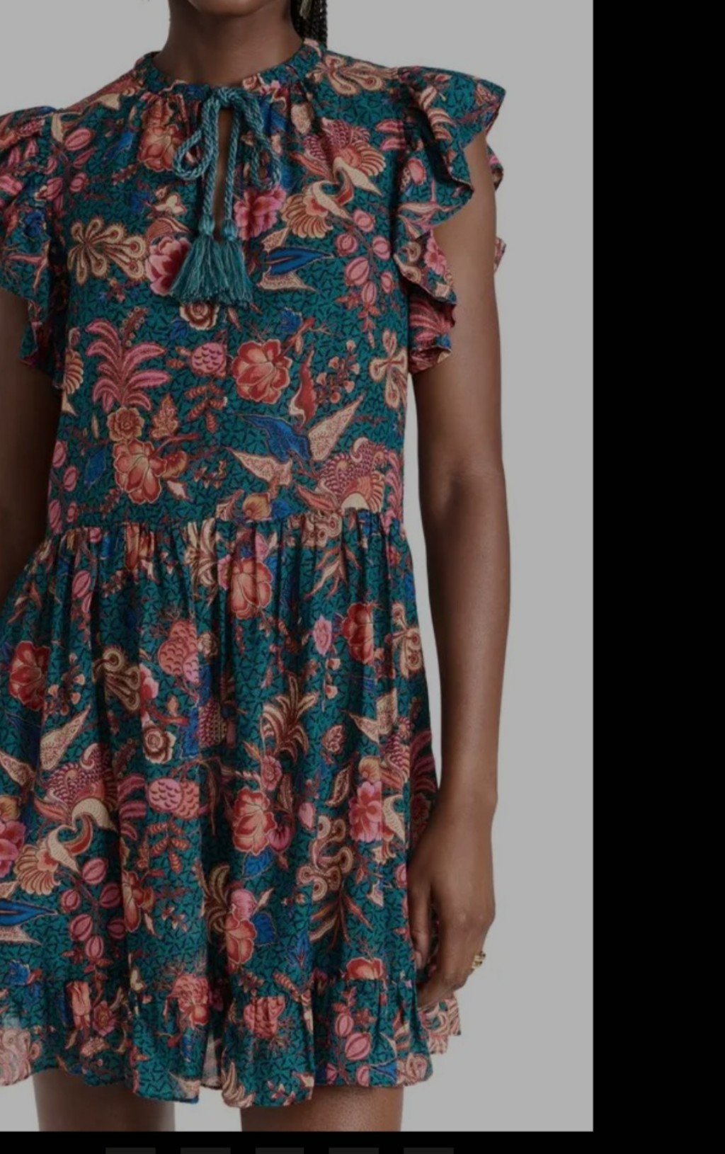 Ulla Johnson Teal Floral Ruffle-Sleeve Mini Dress With Tassel Tie